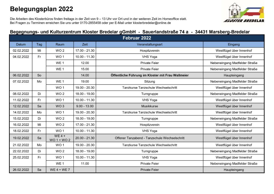 Belegungsplan Februar 2022